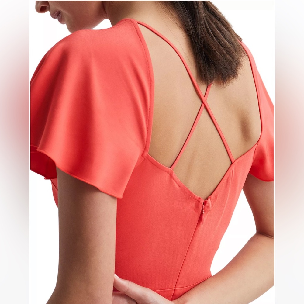 NWT Reiss Eleni Flutter Cap Sleeve strappy back Midi Maxi Coral fit flare dress - Picture 6 of 13